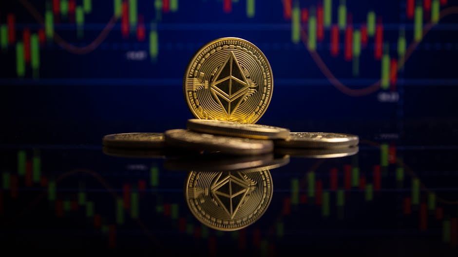 Ethereum coins on reflective surface with stock market chart