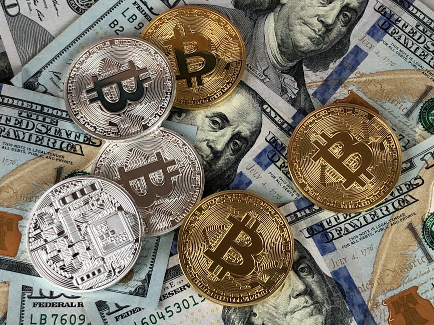 Close-up of bitcoins and US dollar bills symbolizing modern finance and cryptocurrency